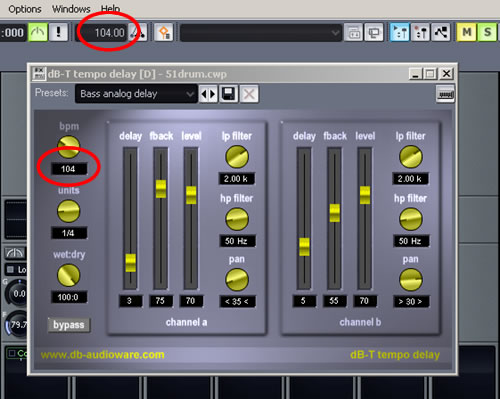 dB-T Tempo Delay set to the same BPM as the track